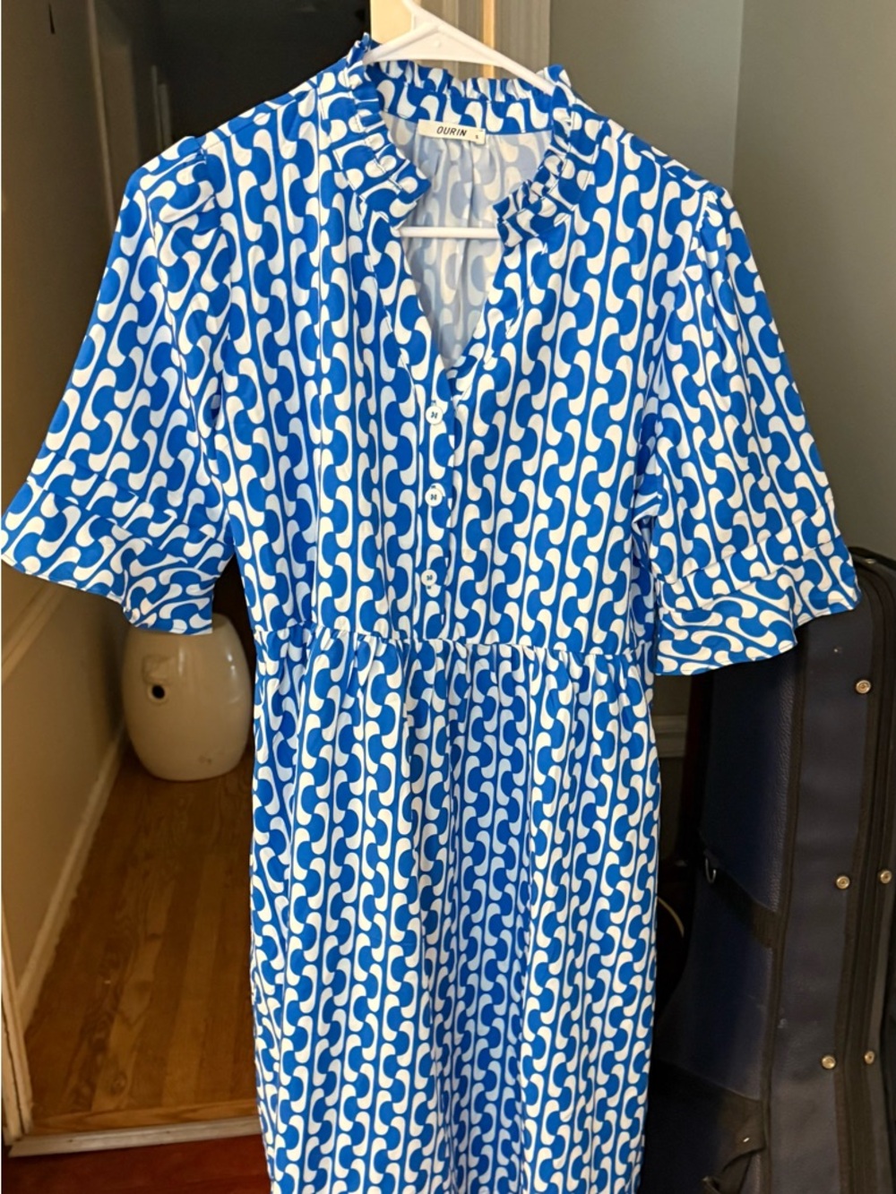 Ourin Blue & White Patterned Short-Sleeve Dress